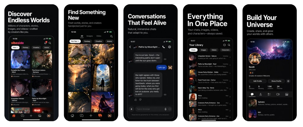 Five iPhone screens showing vibeside: discover, media, chat, library, and profile