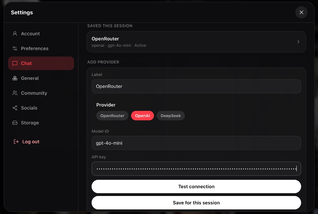 Chat settings with Bring your own key providers