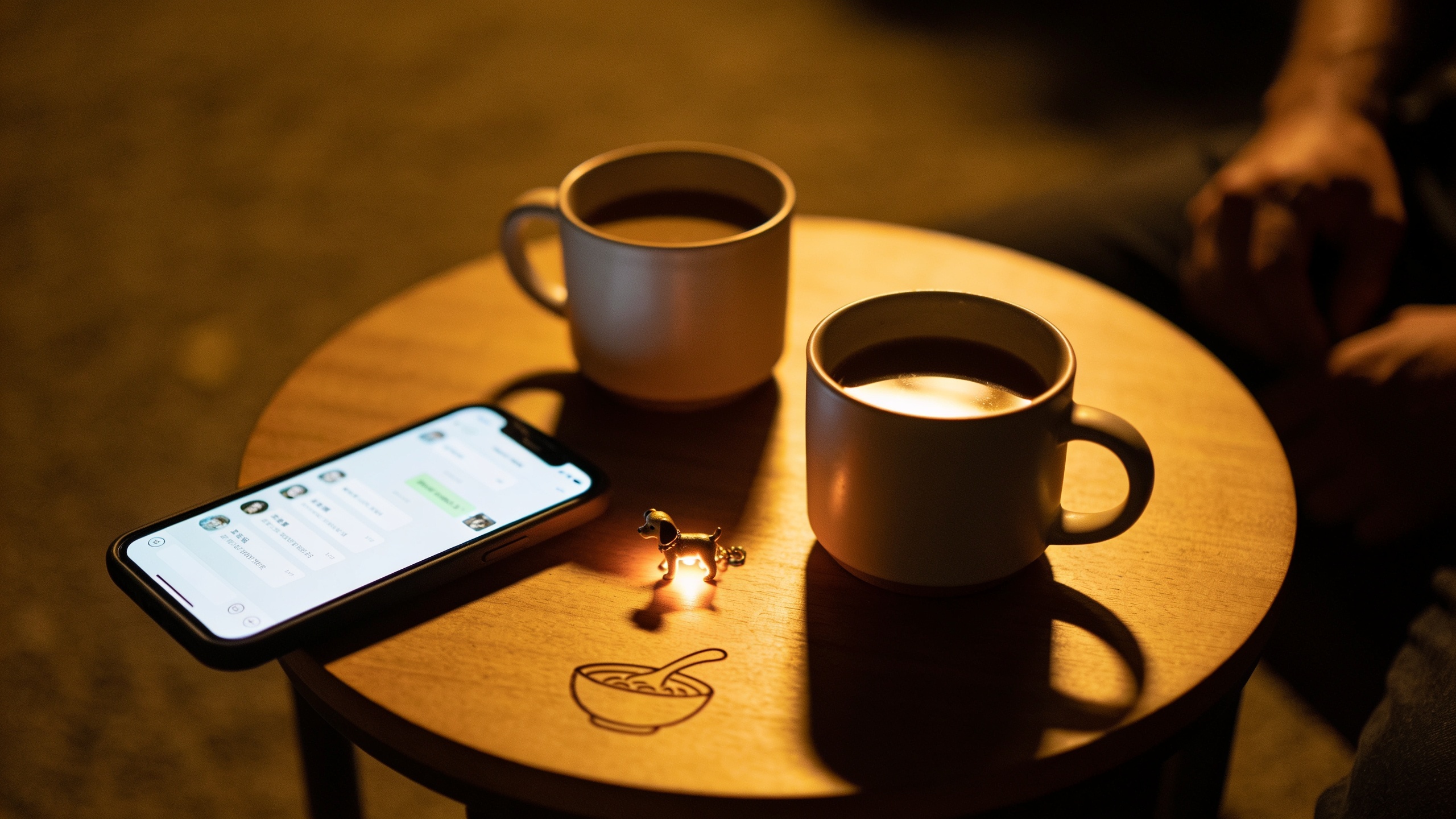 Coffee table at night with a phone chat and small remembered details