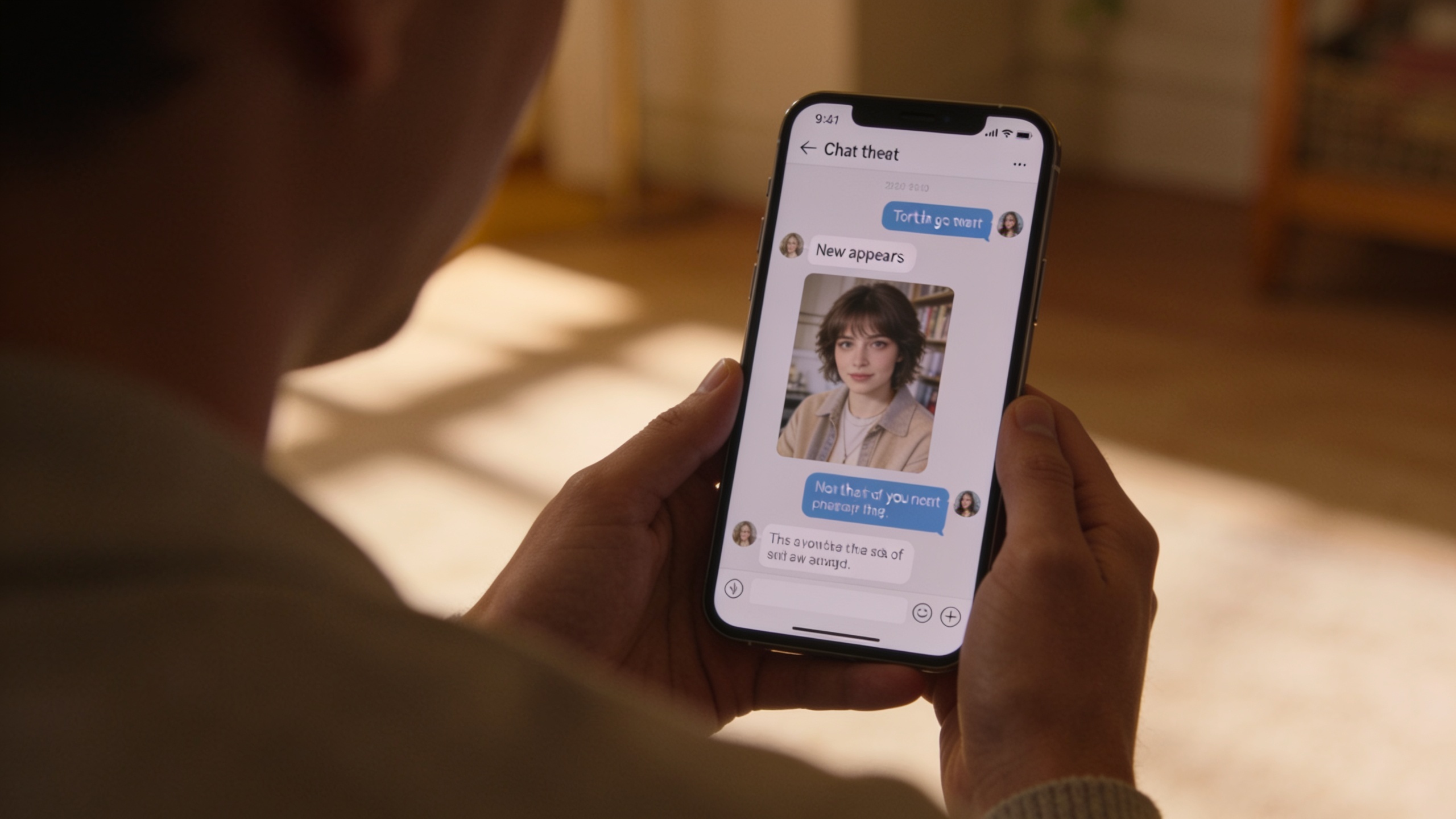 Phone chat showing a new character image in the thread