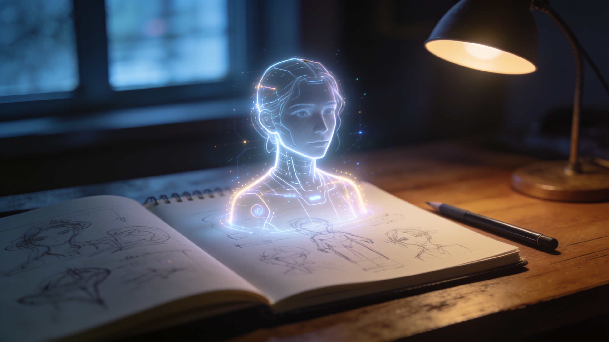 Sketchbook on a desk with a character portrait coming to life