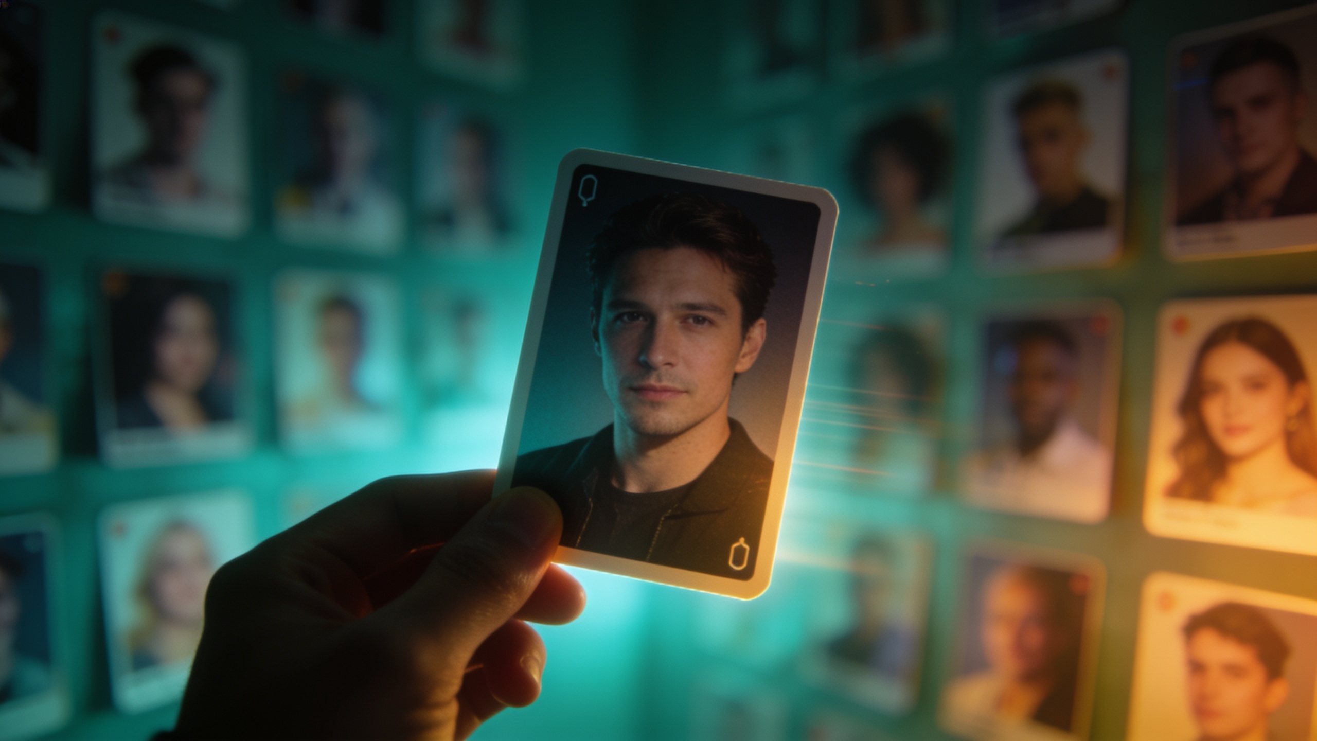Hand selecting a character portrait card from a wall of faces