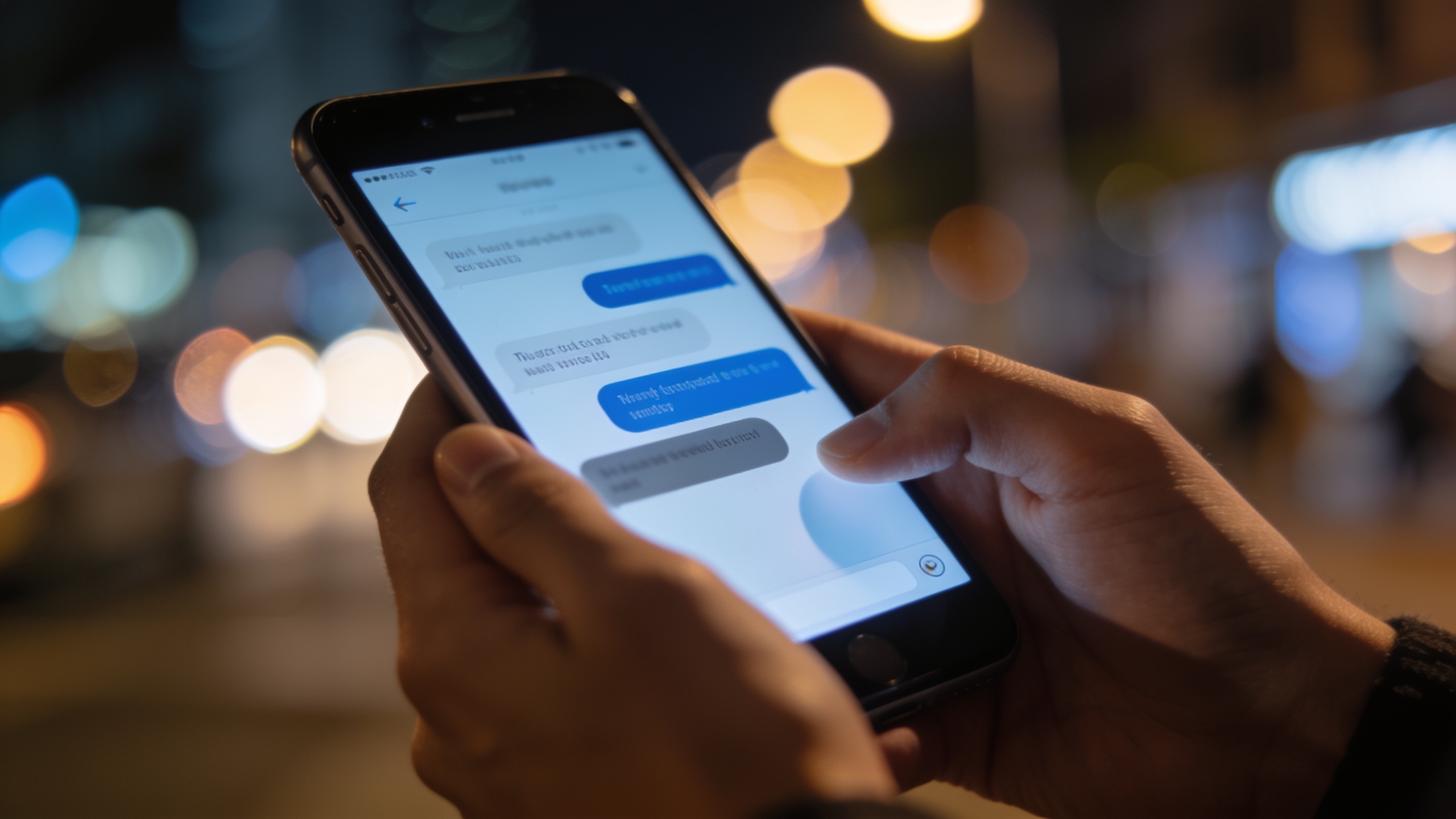 Hands holding a phone with a texting conversation at night