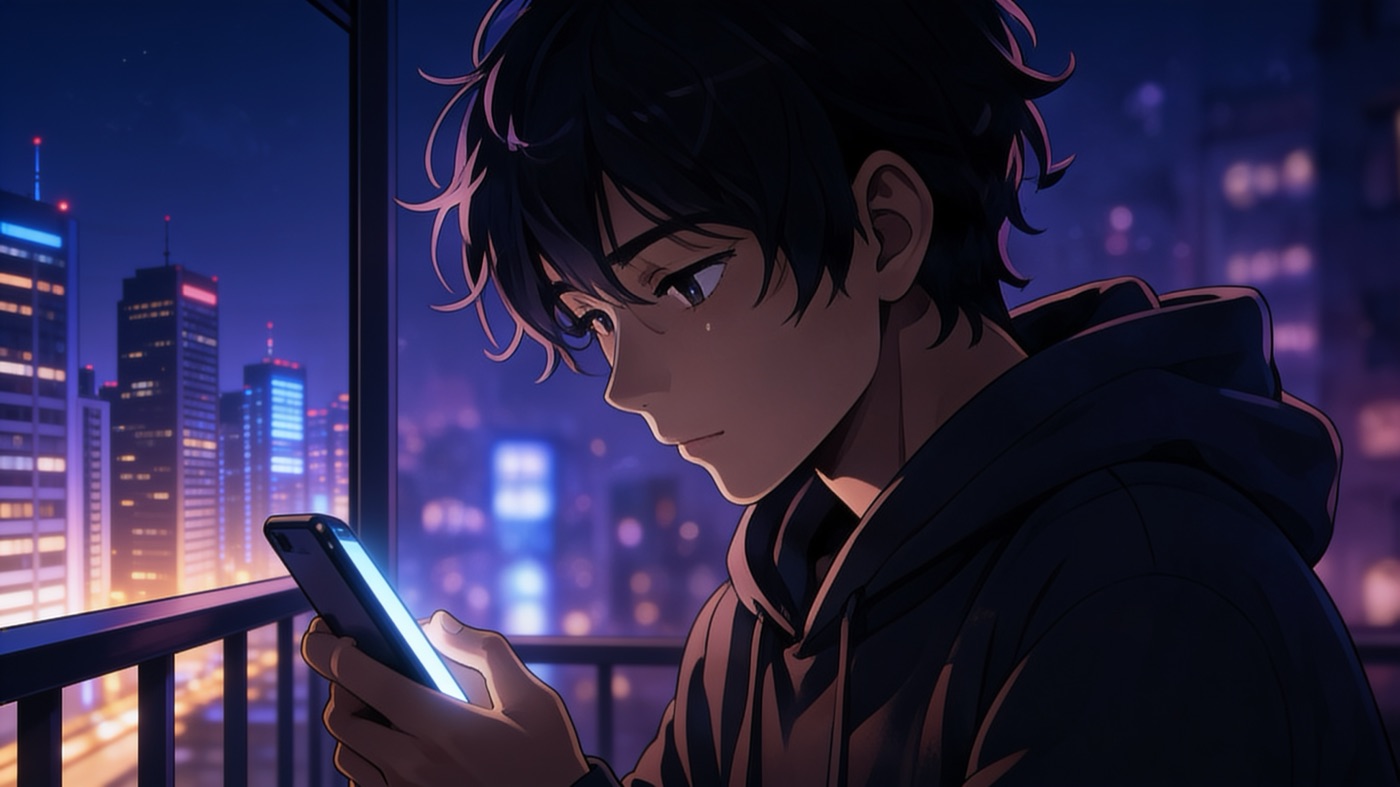 Character looking at a phone on a balcony at dusk