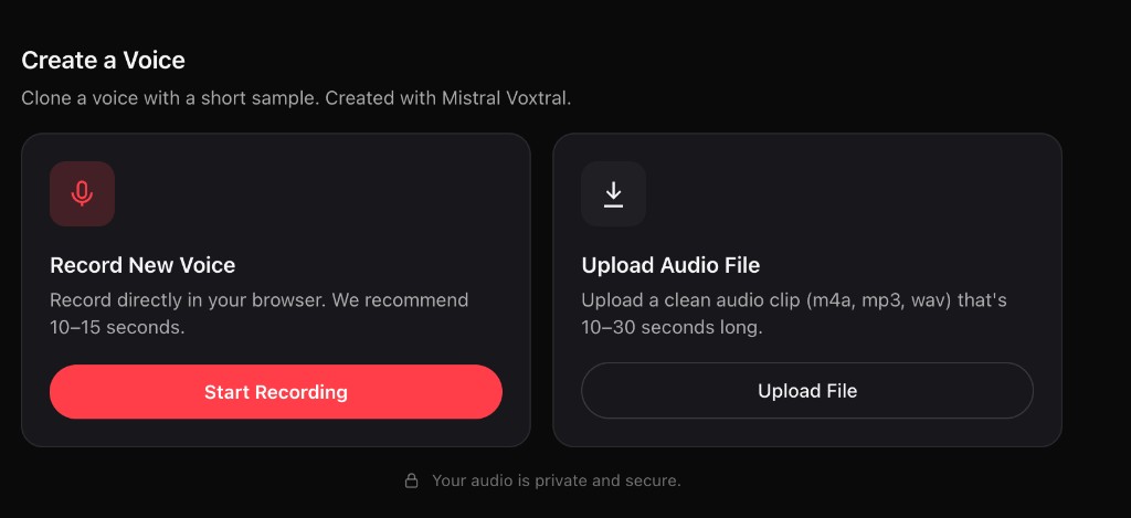 Create a Voice: record in the browser or upload an audio file with Mistral Voxtral