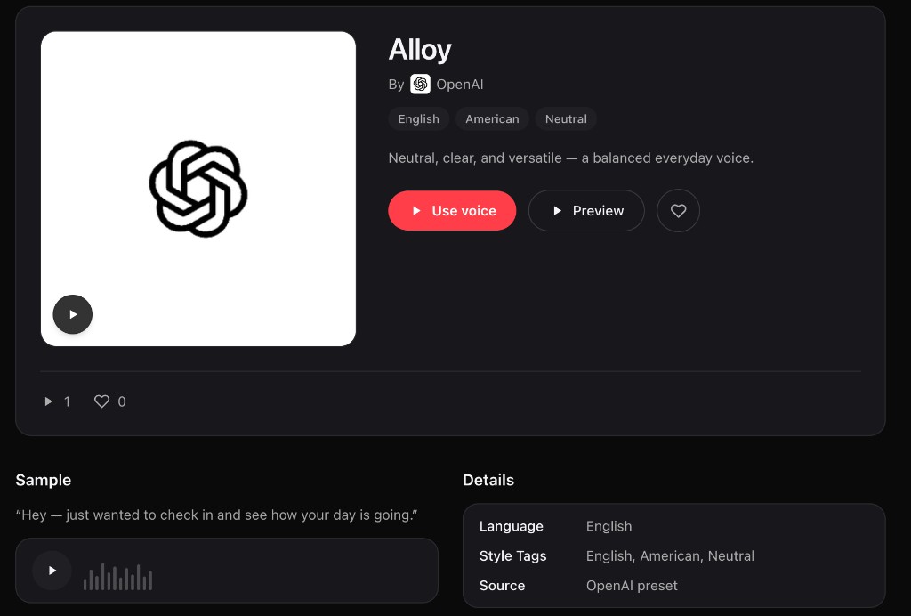 Voice detail for Alloy: preview, use voice, sample line, and OpenAI preset details