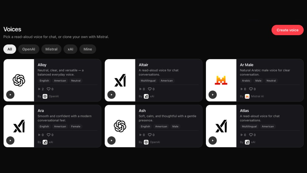 Voices explore grid with OpenAI, Mistral, and xAI presets