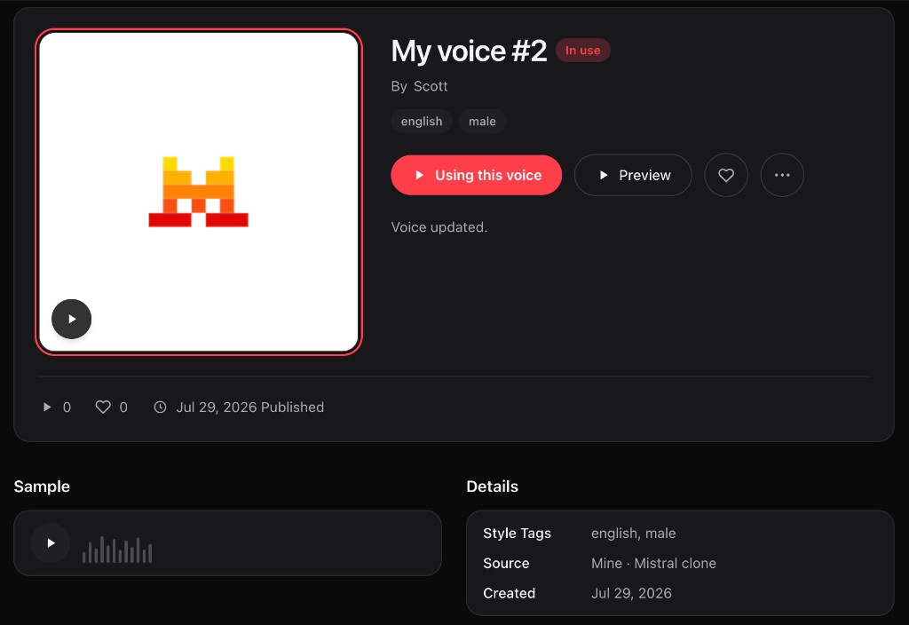 Cloned voice detail showing In use, preview, and Mine · Mistral clone source