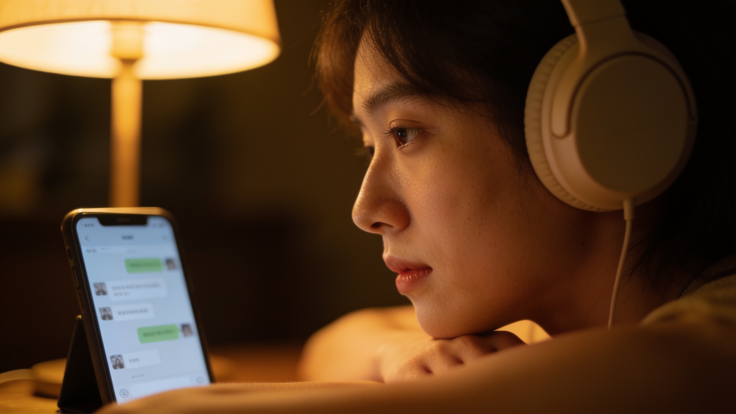Person wearing headphones listening beside a phone