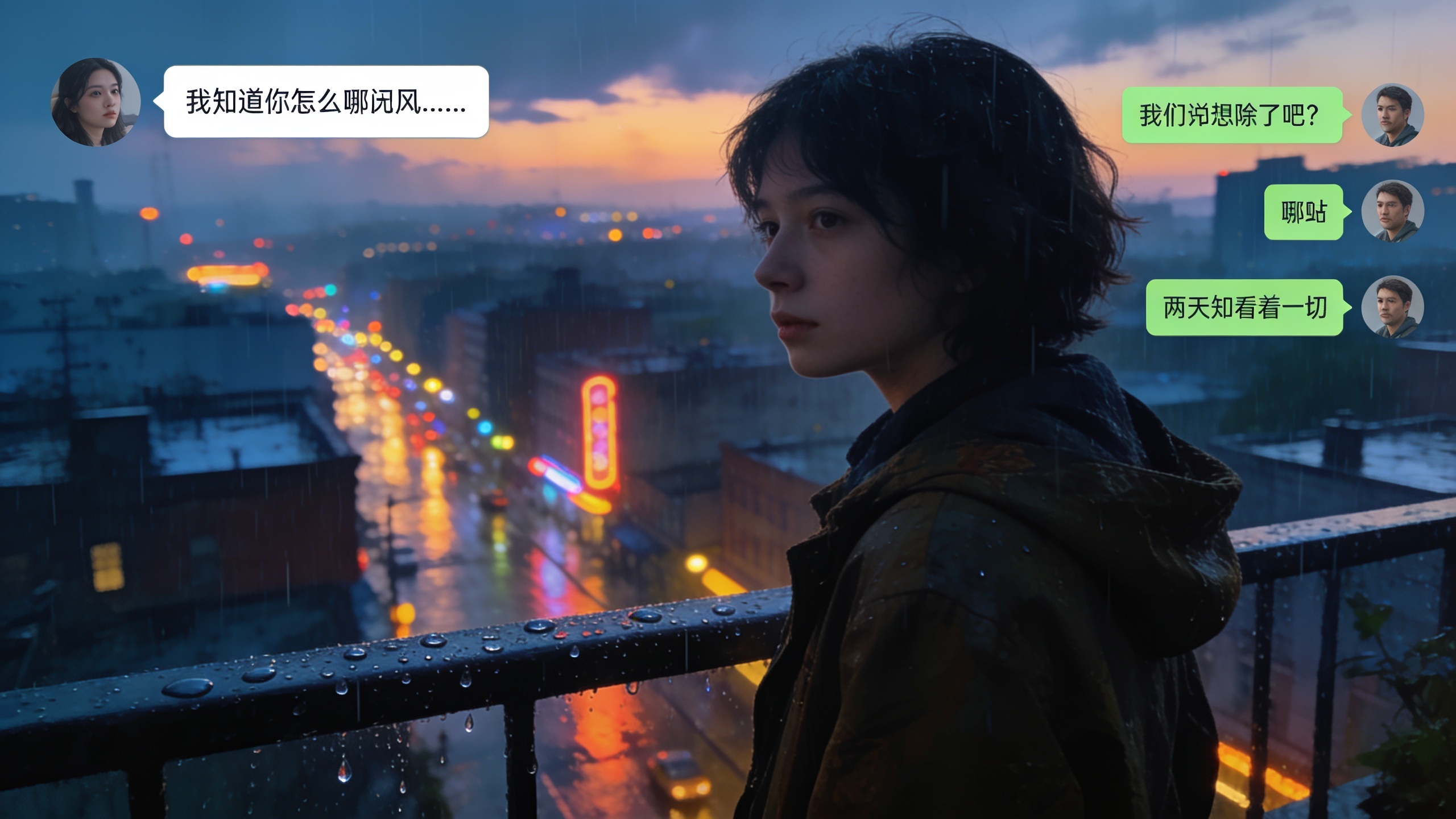 Character on a rainy city balcony at dusk
